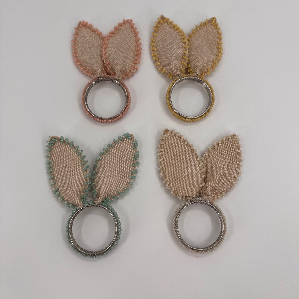 Celebrate Easter Together Bunny Ear Napkin Rings Set of 4 Beaded Pastel Multi‎